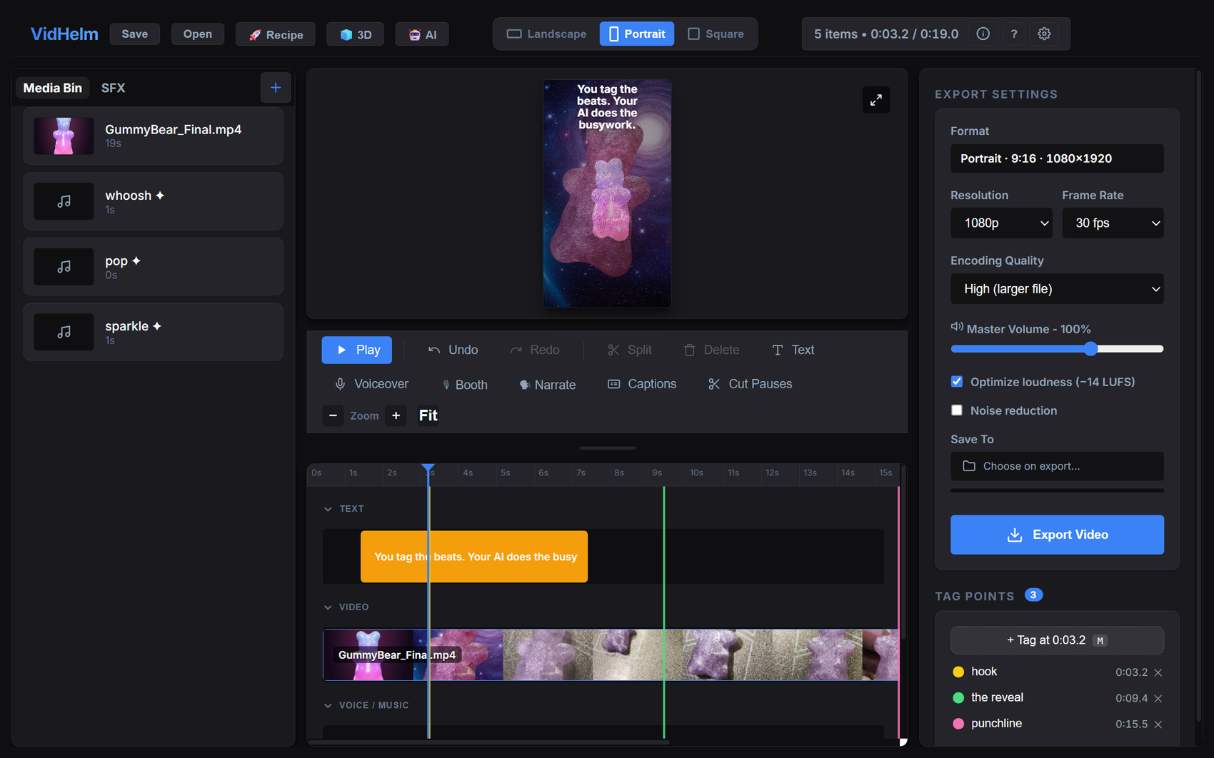 The VidHelm editor: media bin, preview with a text overlay, timeline with filmstrip and tag points, and the export panel